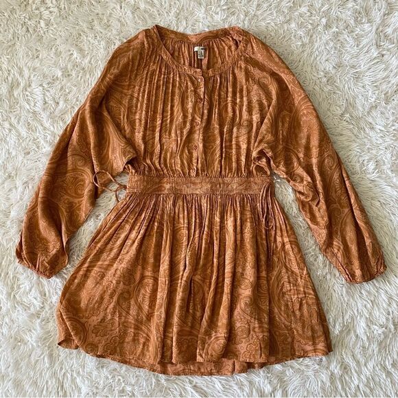 Amuse Society Orange and Tan Paisley Print Boho Long Sleeve Mini Dress Size M - Picture 4 of 8